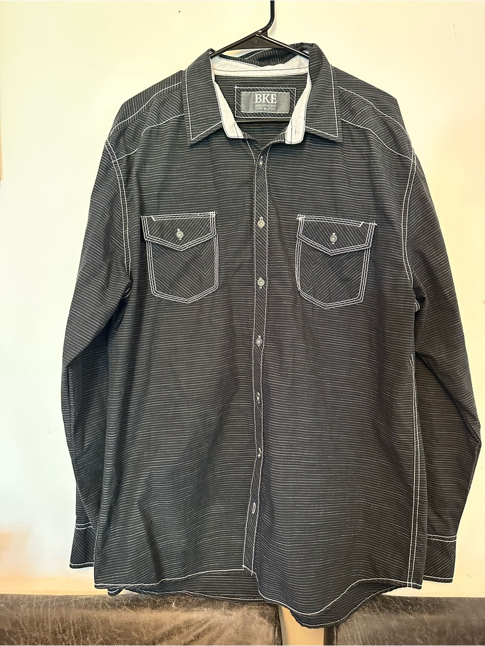 BKE Men's Black Pinstripe Button-Down Shirt with White Contrast Stitching
